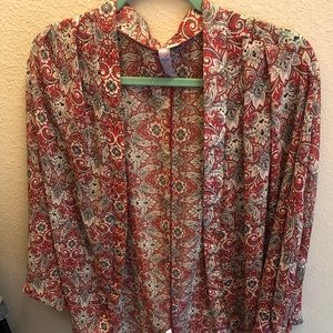 Red and black floral kimono.